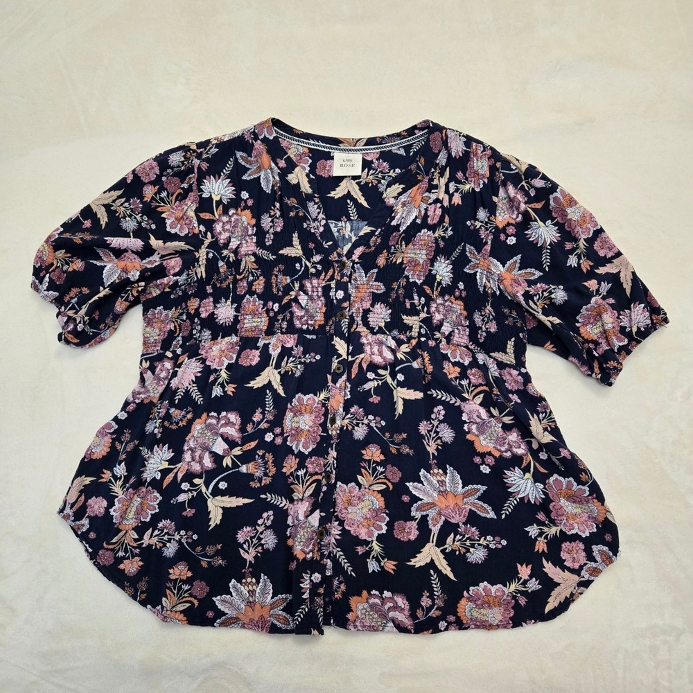 Knox Rose Navy Blue Floral Smocked V-Neck Button Front Babydoll Blouse Top